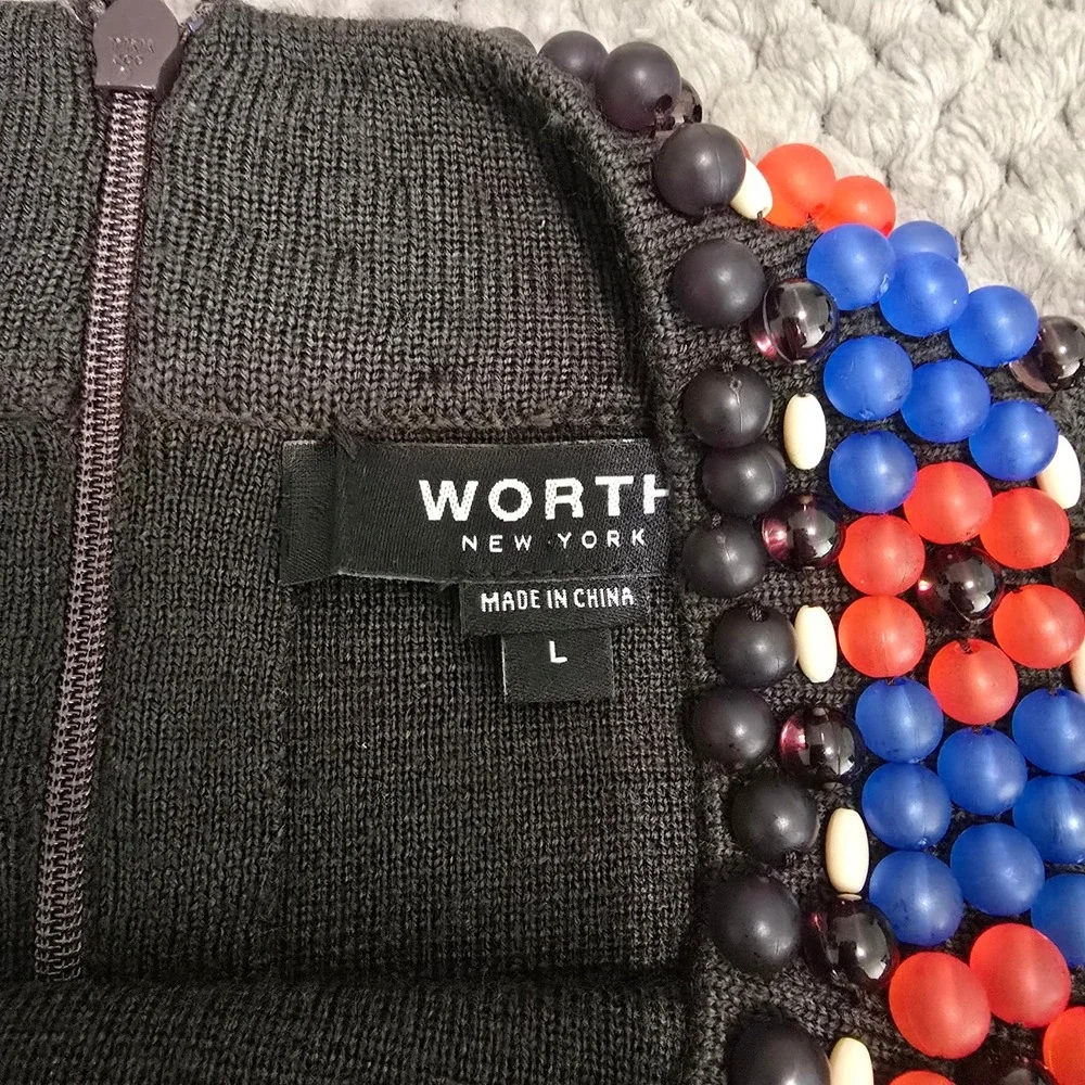 Worth New York 100% Wool Beaded Sweater Large Black Blue Red Floral Neck Cuff L - Picture 7 of 9